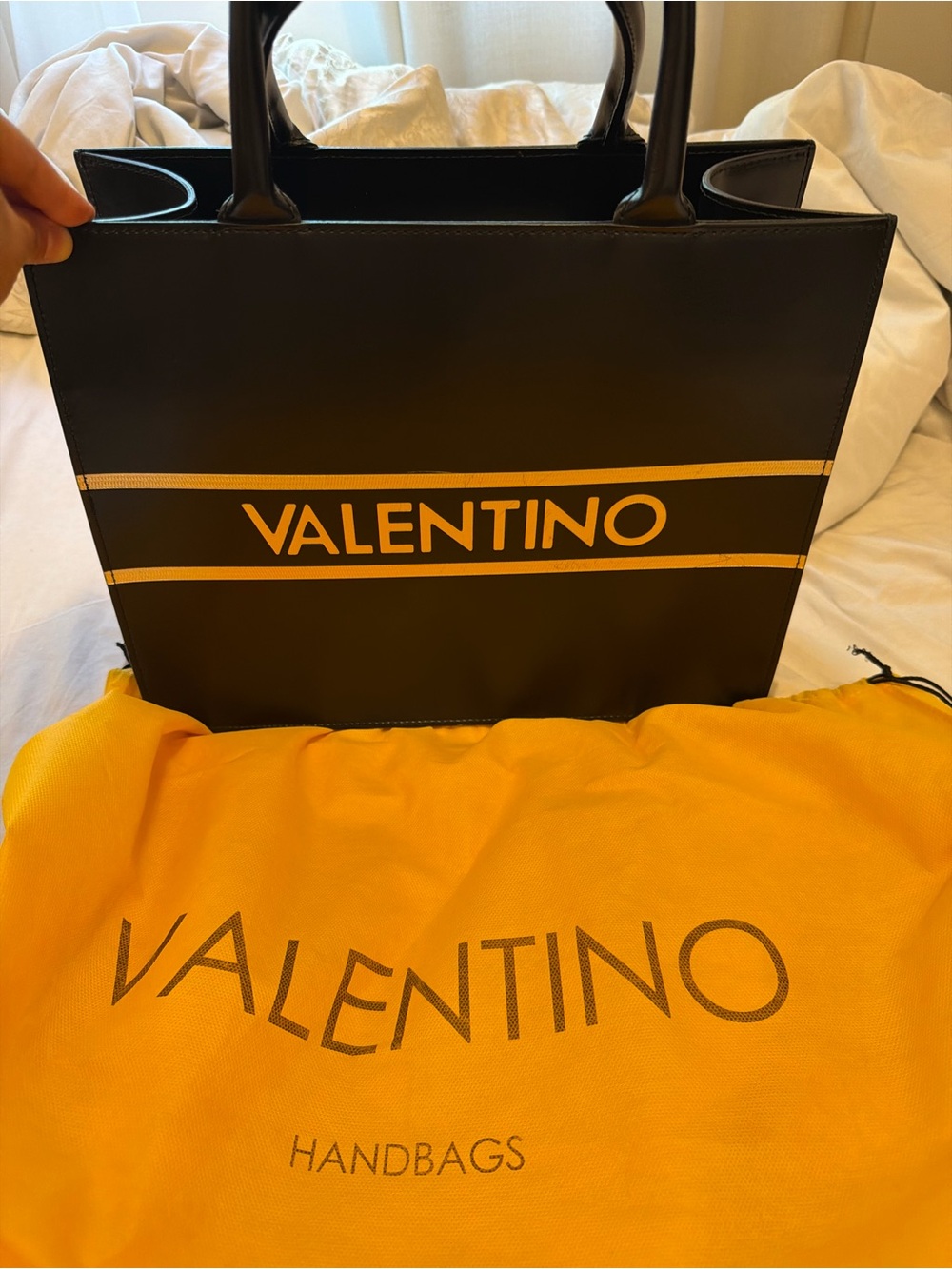 Valentino Black Leather Tote with Yellow Logo Stripes